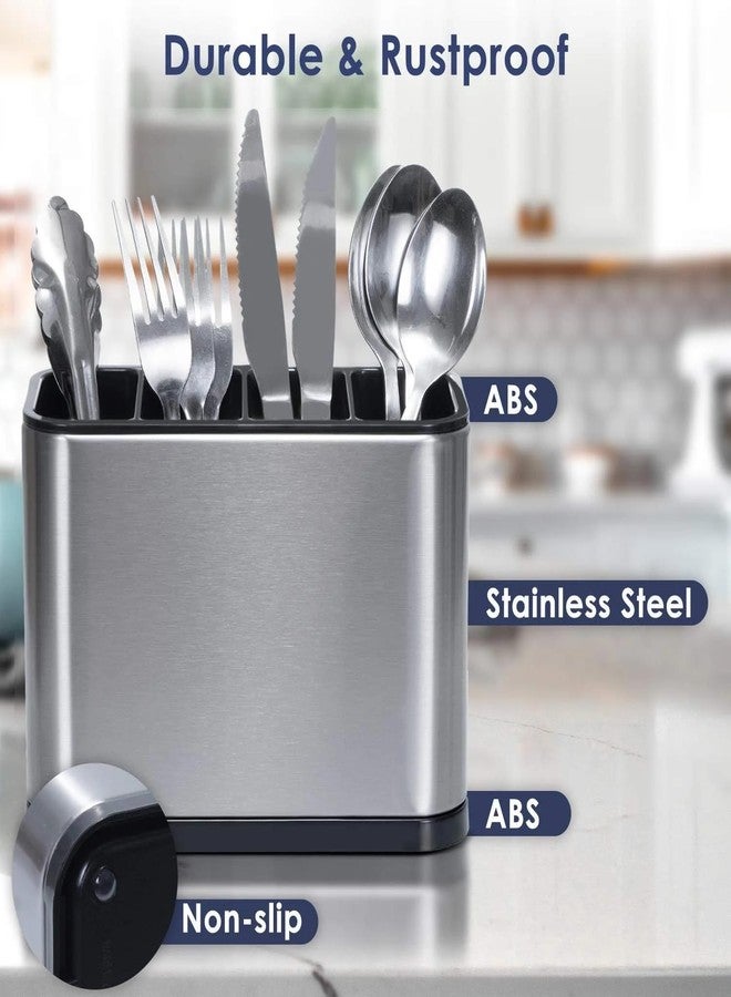 DOOMSDAY Stainless Steel Utensil Holder for Kitchen Countertop | 4-Compartment Cutlery Organizer with Removable Dividers | Anti-Slip Base & Drainage Function | Large Capacity - Image 4